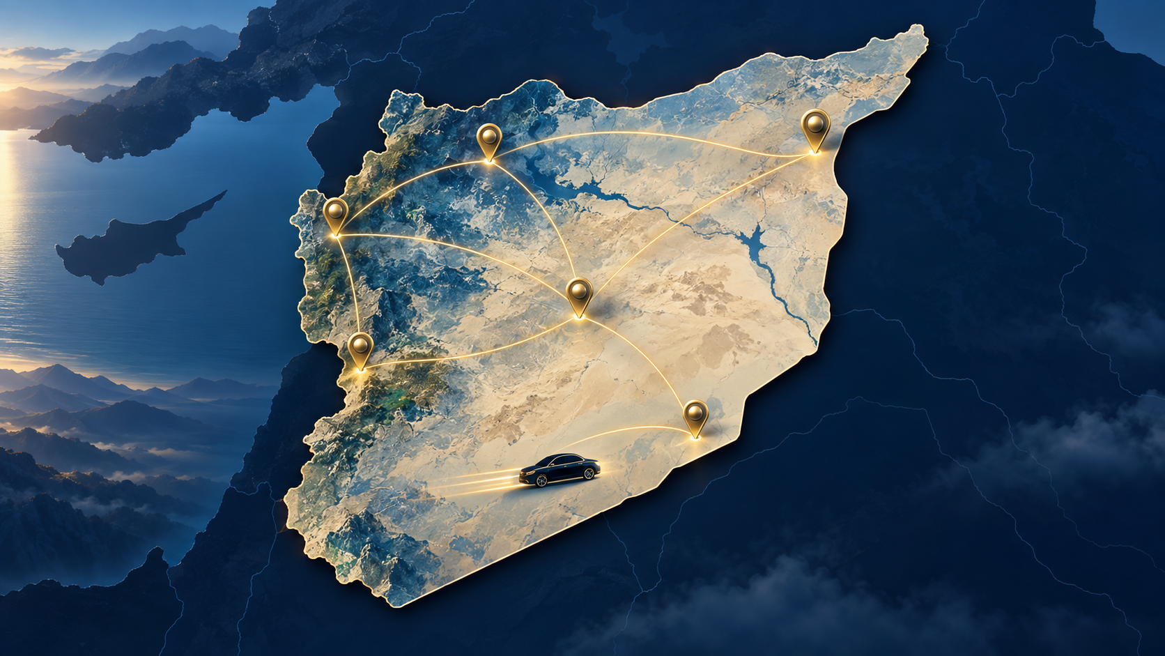 خريطة سوريا مع دبابيس مواقع ومسارات تربط المدن